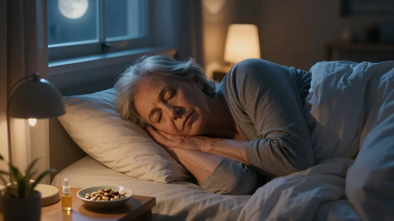 Senior spící klidně v ložnici s přípravky na lepší spánek