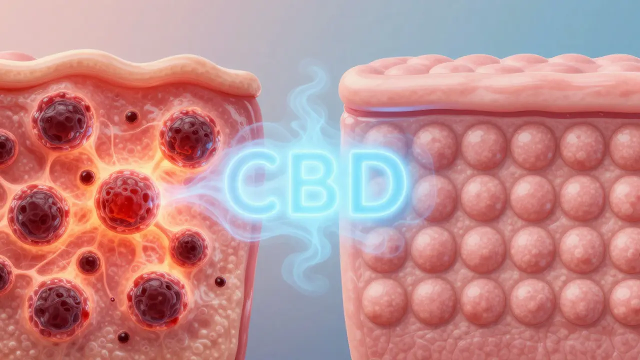 Konceptuální ilustrace protizánětlivého účinku CBD na regeneraci tkání