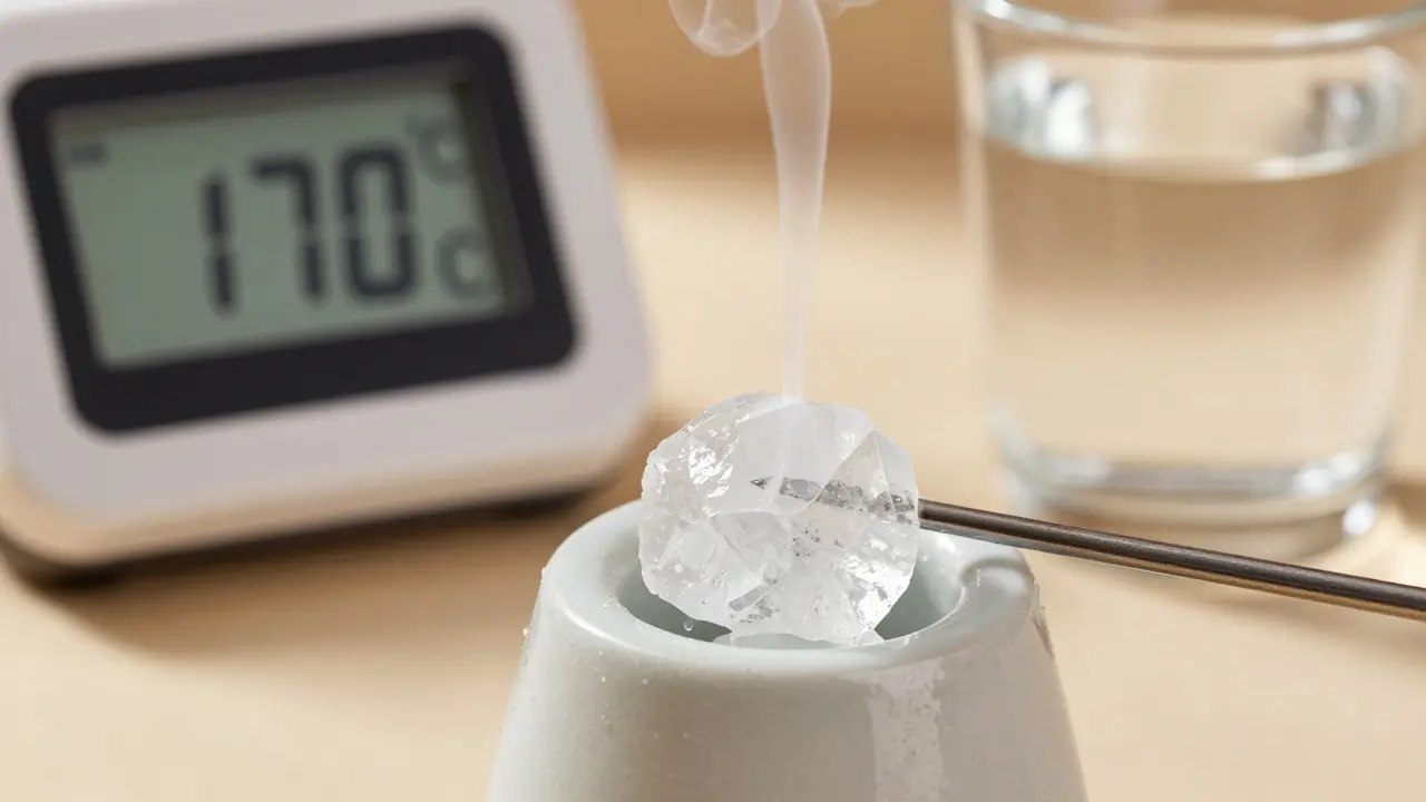 Makro záběr čistého CBD shatteru na zahřáté desce
