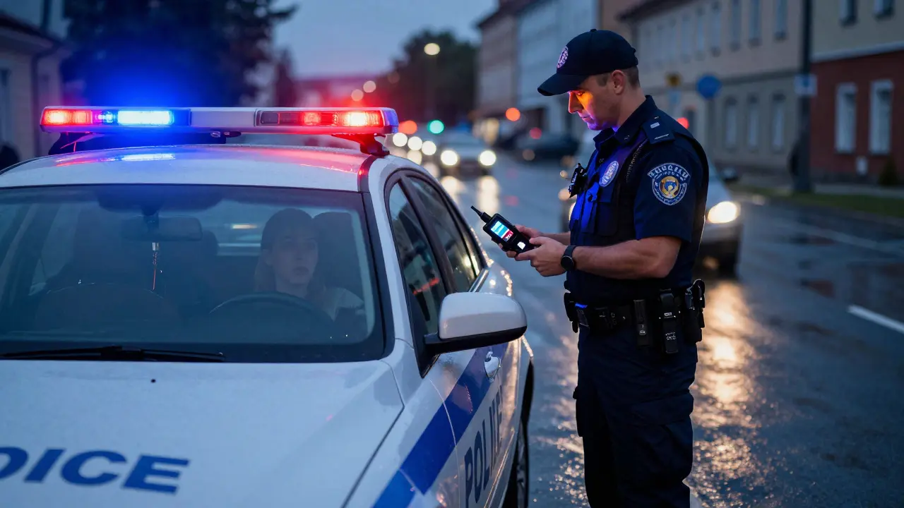 Policista provádí test na drogy u zastaveného auta večer