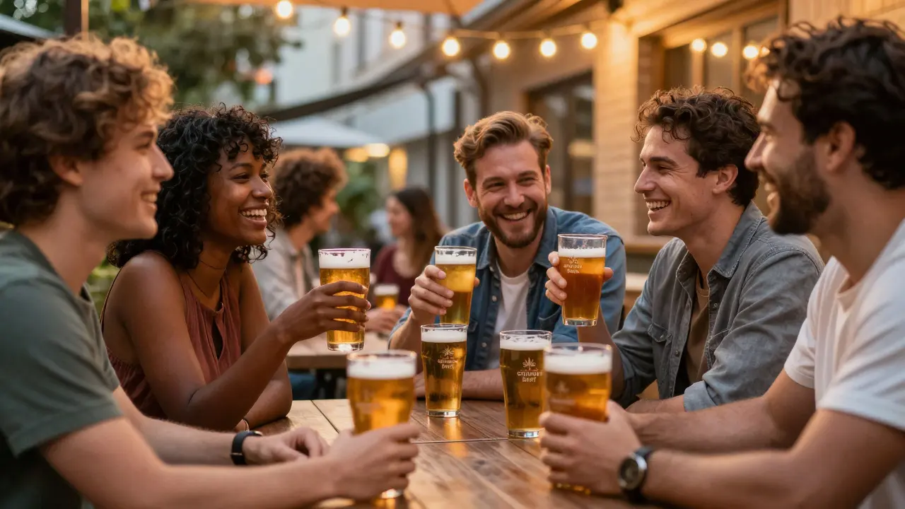Přátelé si užívají konopné pivo v příjemné večerní atmosféře