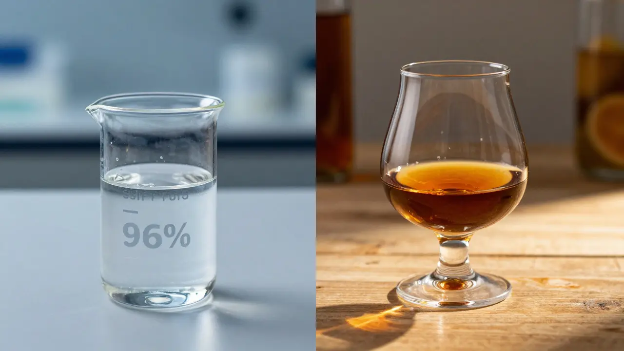 Spiritus v laboratorní baňce vedle sklenice švestkové pálenky