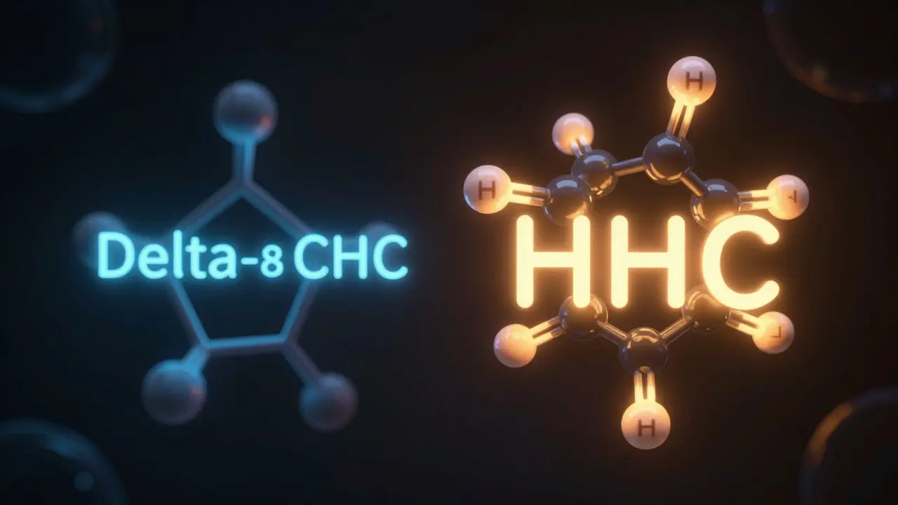 Abstraktní porovnání molekul HHC a Delta-8 s různou intenzitou světla