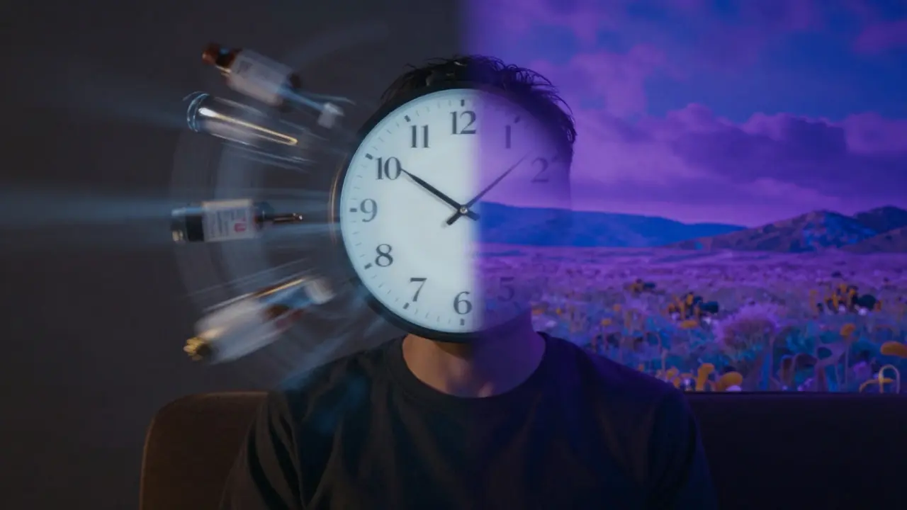 Abstraktní zobrazení rozdílu mezi opilstvím a účinky THC