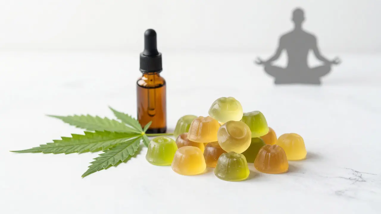 Barevné CBD gumičky na mramorovém povrchu s konopím