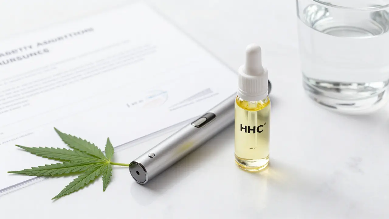 Bezpečný produkt s HHC vedle laboratorního certifikátu a listů konopí na čistém pozadí