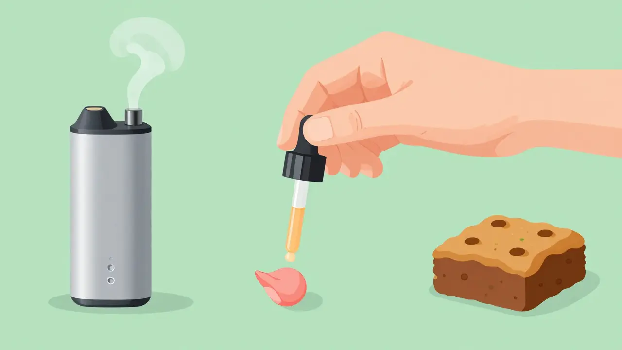 Ilustrace tří metod užívání CBD: vaping, sublinguálně, jídlo