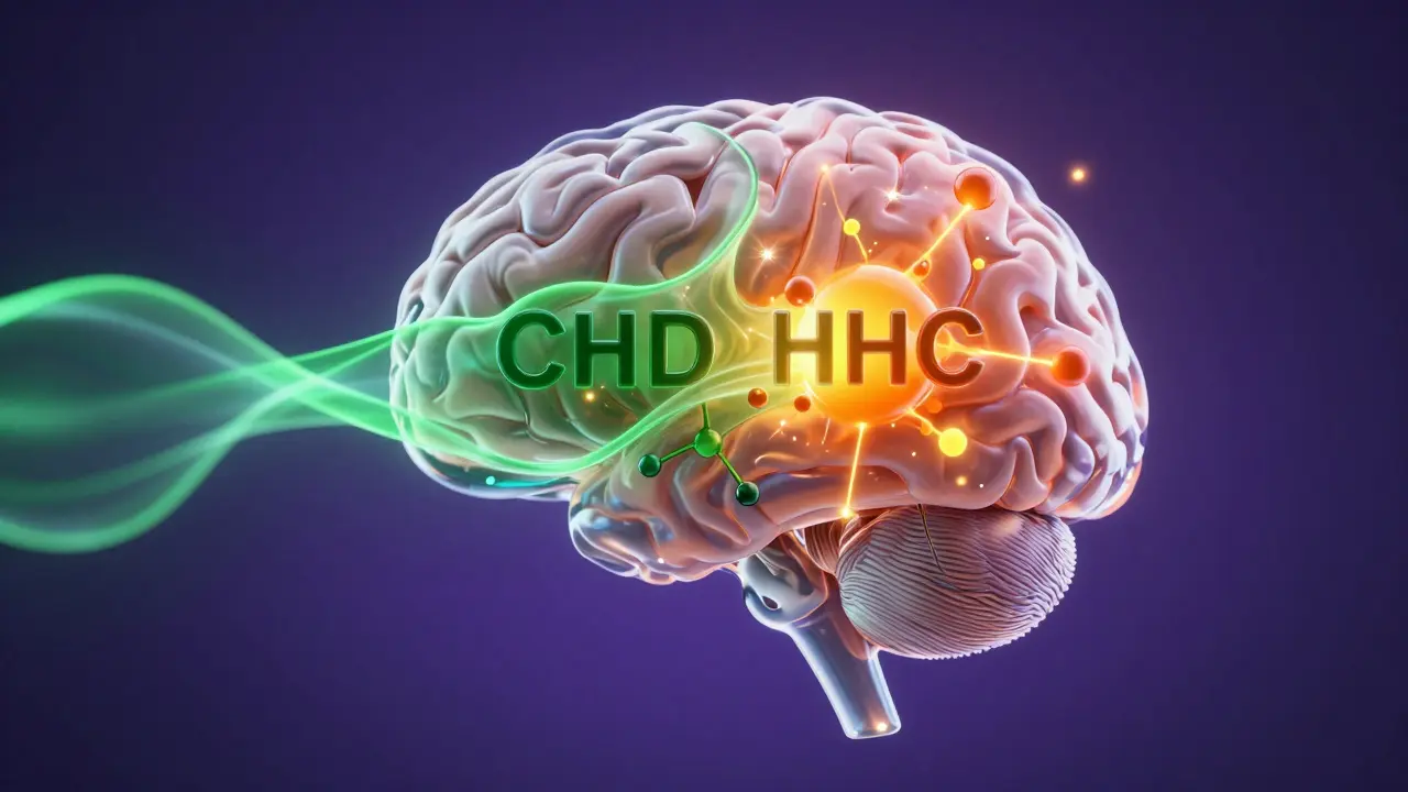 Konceptuální vizualizace účinků CBD a HHC na lidský mozek