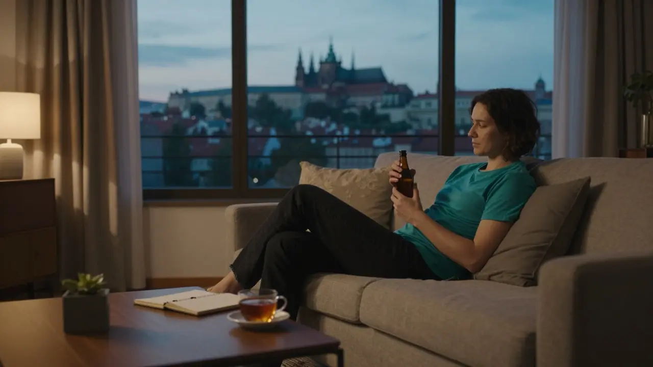 Relaxující osoba v moderním interiéru s konopným produktem