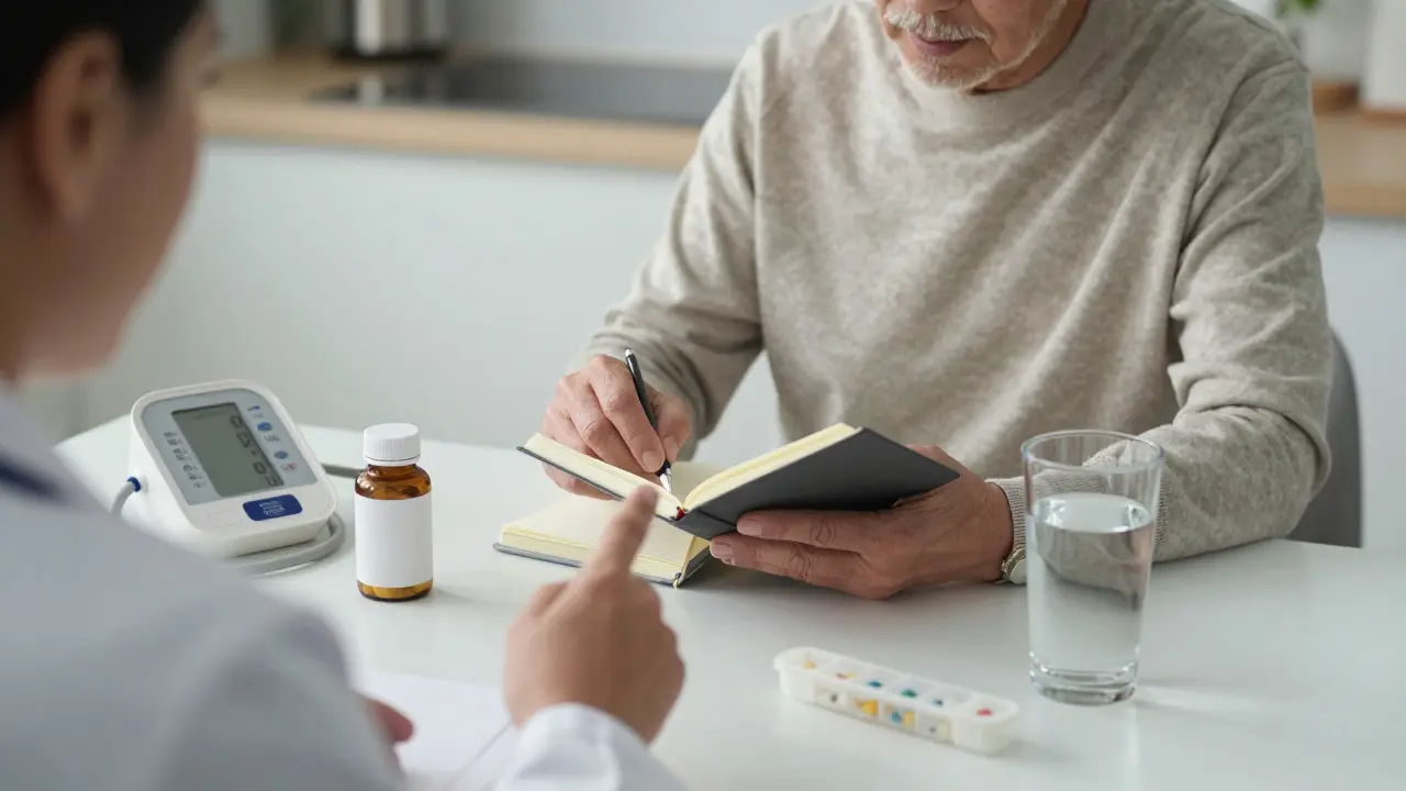 Senior kontroluje deník užívání léků s lékařem u stolu