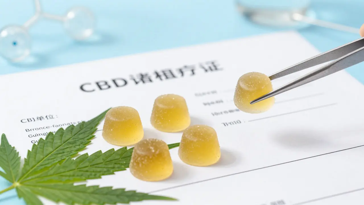 Záběr na CBD gumičky vedle laboratorního certifikátu