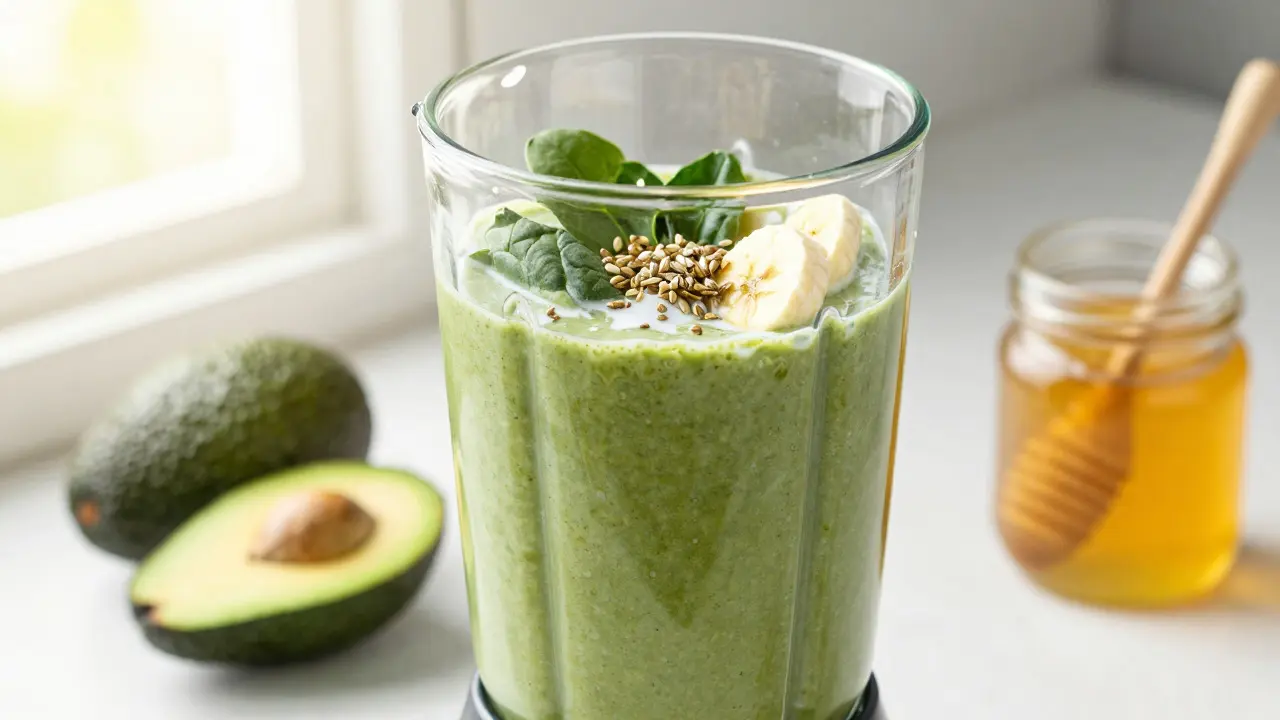 Zelené smoothie s konopím a kokosovým mlékem v mixéru