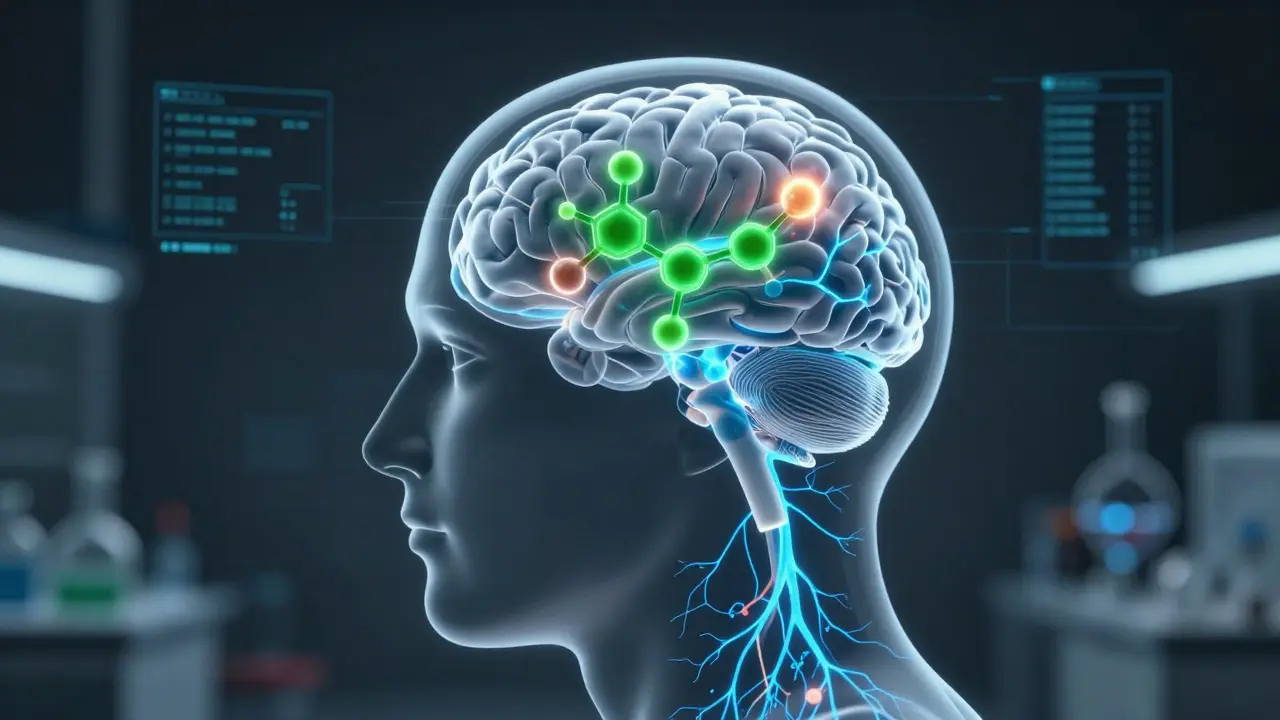 3D vizualizace mozku s molekulami thujonu a neuronovými spojeními.