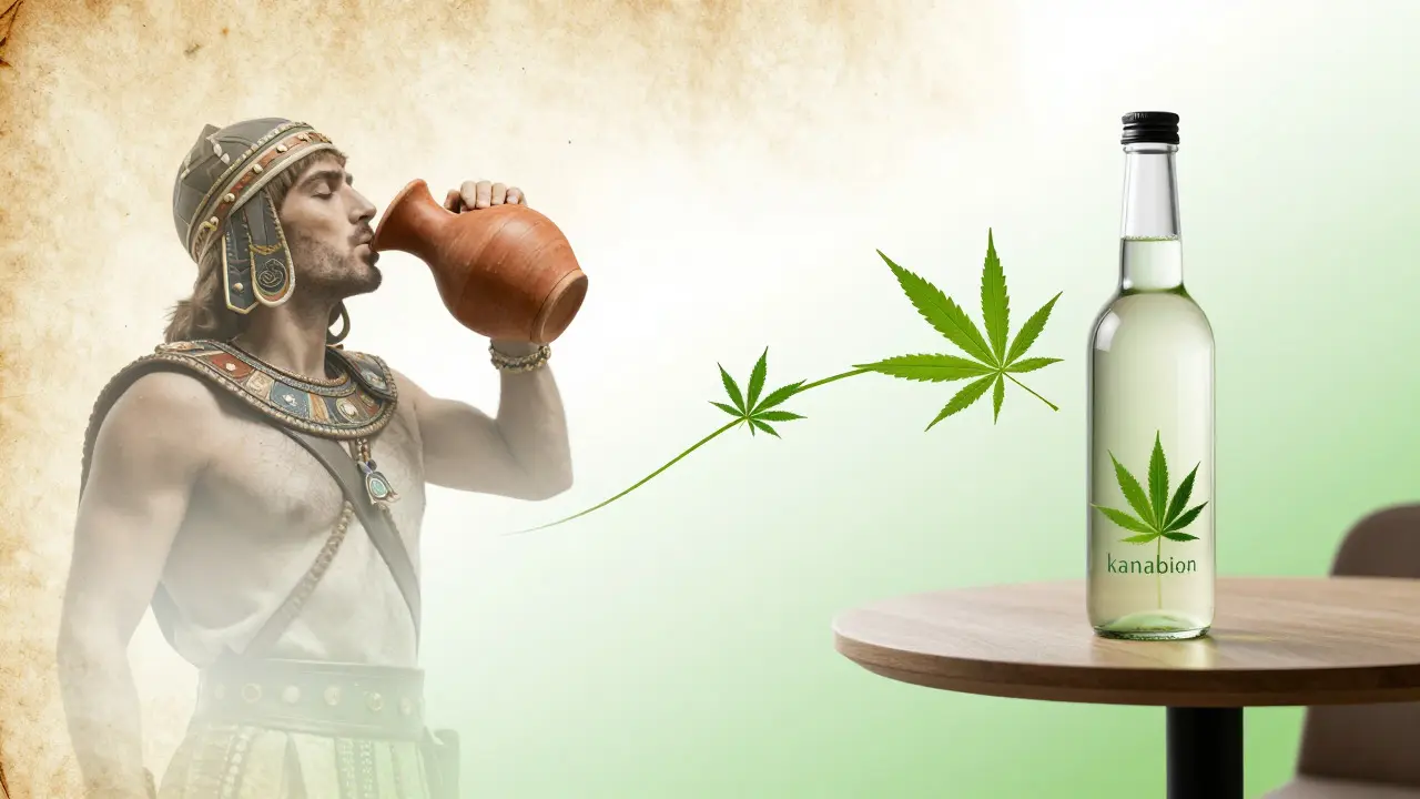 Artistic blend of an ancient Scythian drinker and a modern CBD beverage bottle