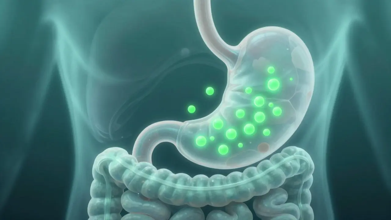 Konceptuální ilustrace cesty CBD molekul zažívacím traktem