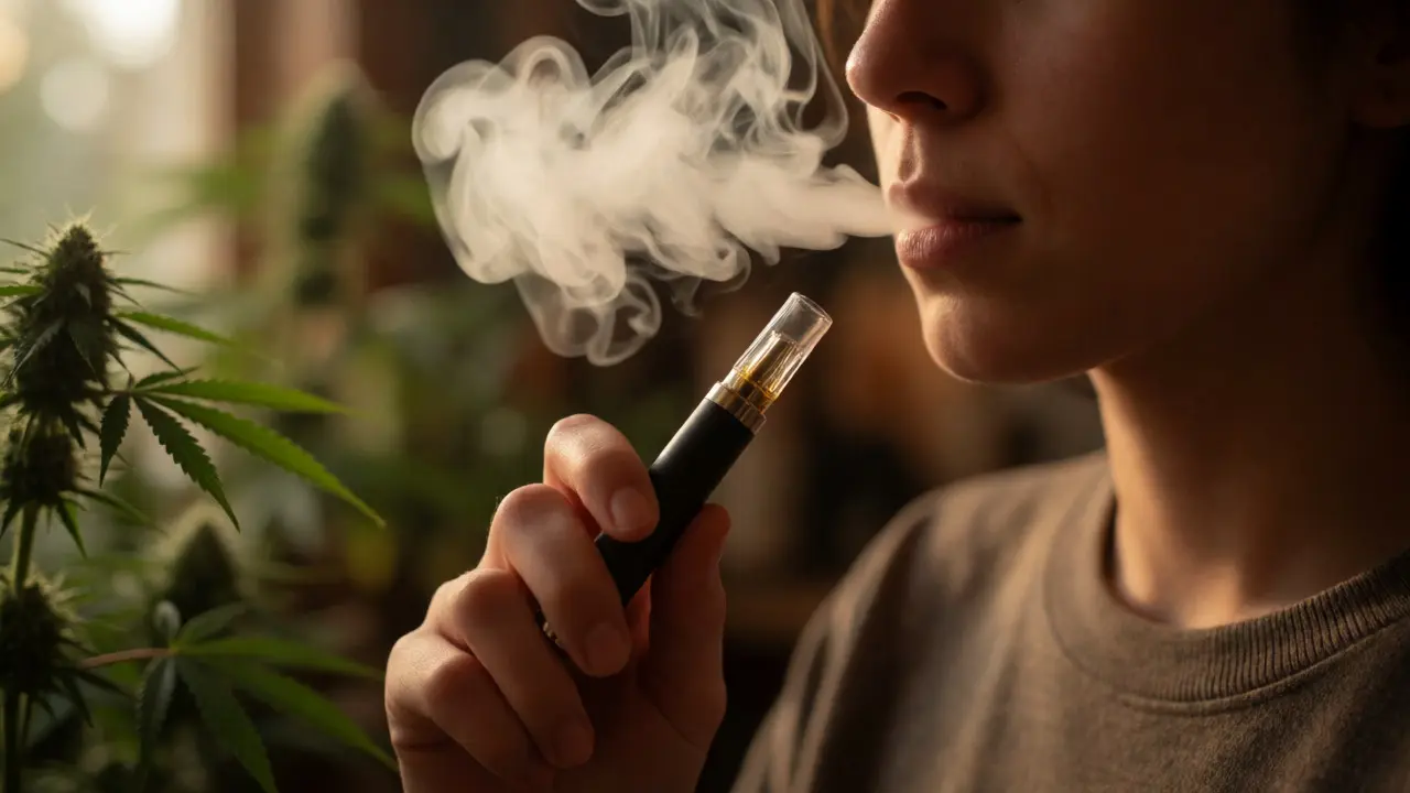 Osoba používající vaporizér s viditelnou párou v klidném prostředí.