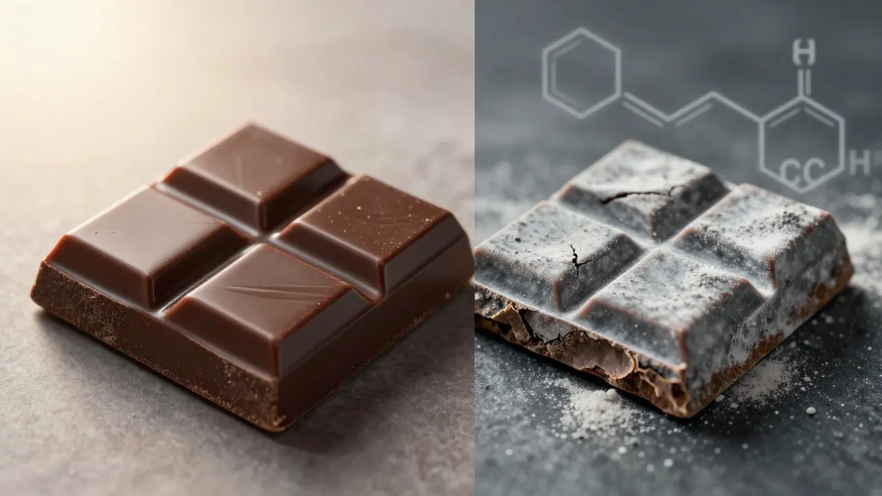 Porovnání svěží a zkažené čokolády s bílým povlakem