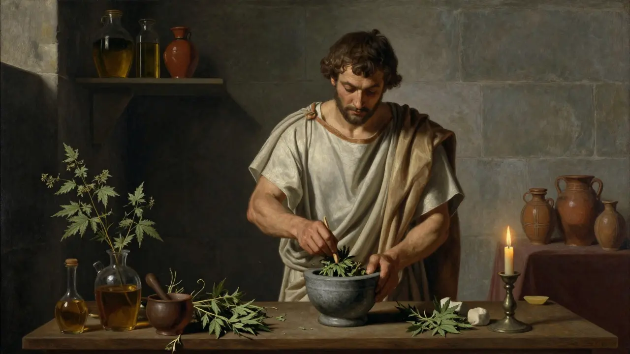 Roman physician preparing medicinal hemp remedies in a dimly lit stone room