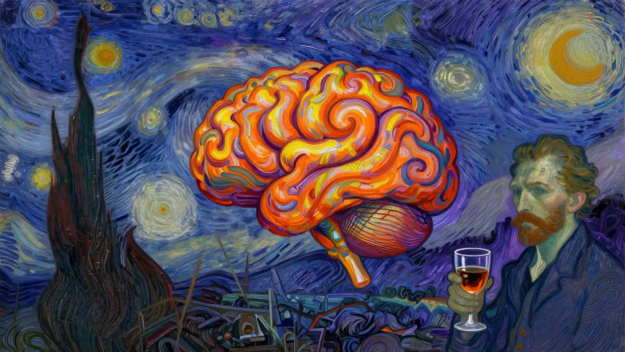 Surrealistické umění zobrazující mozek s barevnými spirálami a historickými postavami.