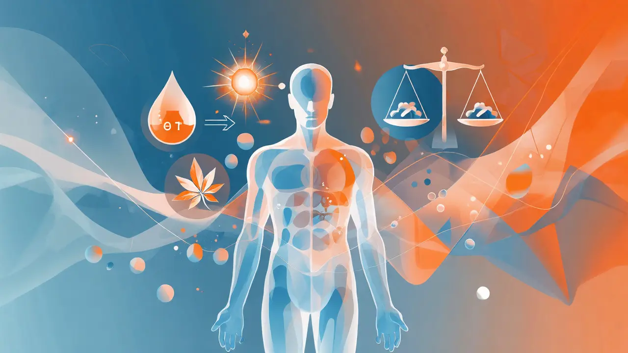 Abstraktní ilustrace metabolismu alkoholu a relaxačních účinků konopí