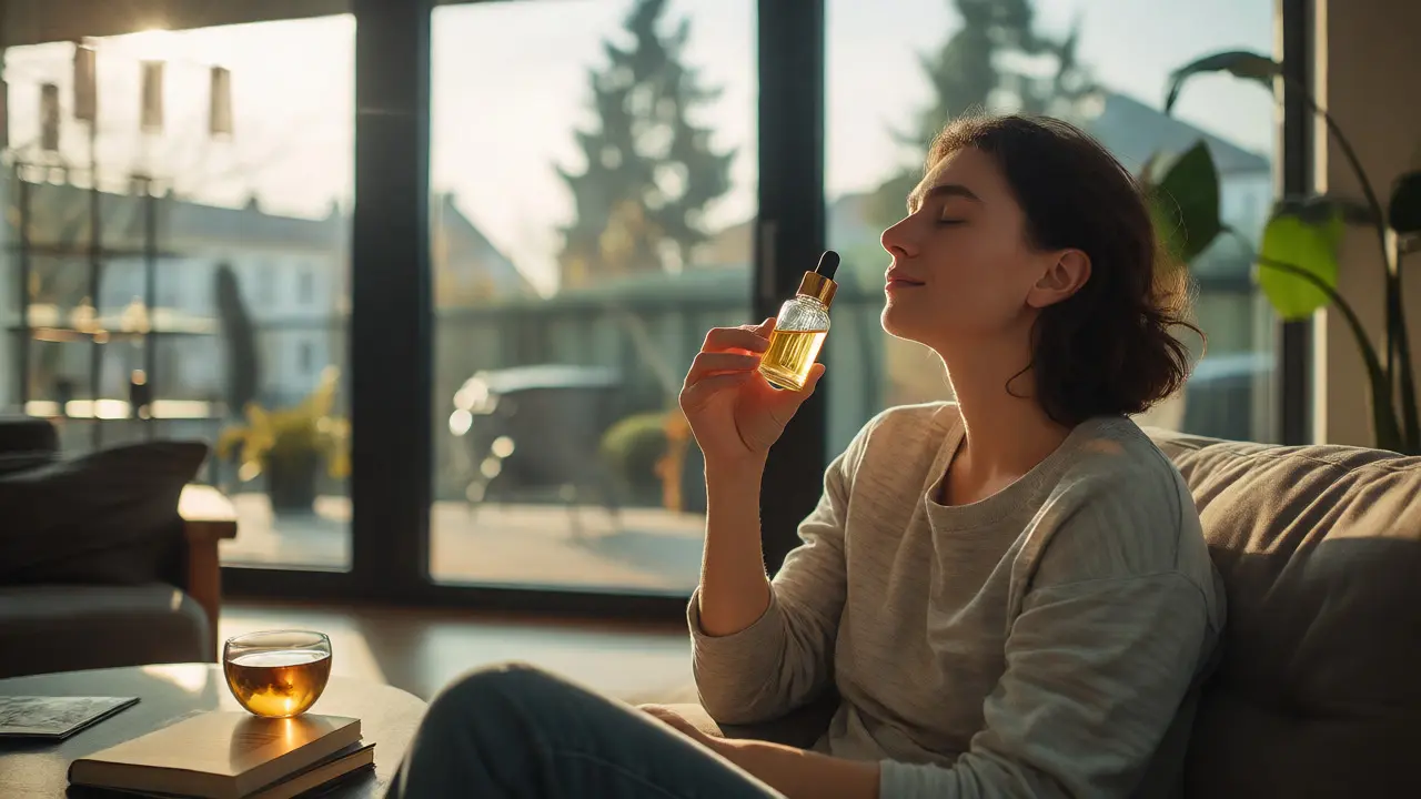 Člověk v klidném prostředí užívající olej z H4CBD pro relaxaci