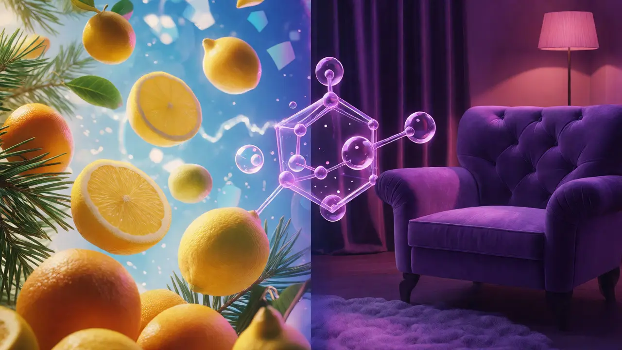 Konceptuální rozdělení scény na energizující citrusy a relaxační večerní atmosféru.