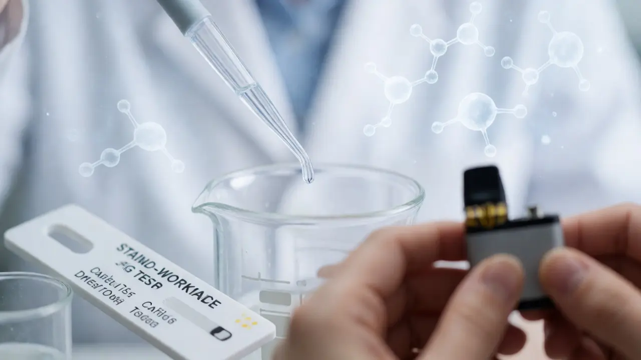 Laboratorní zkumavka a drogový test s rukama držícími vapinku.