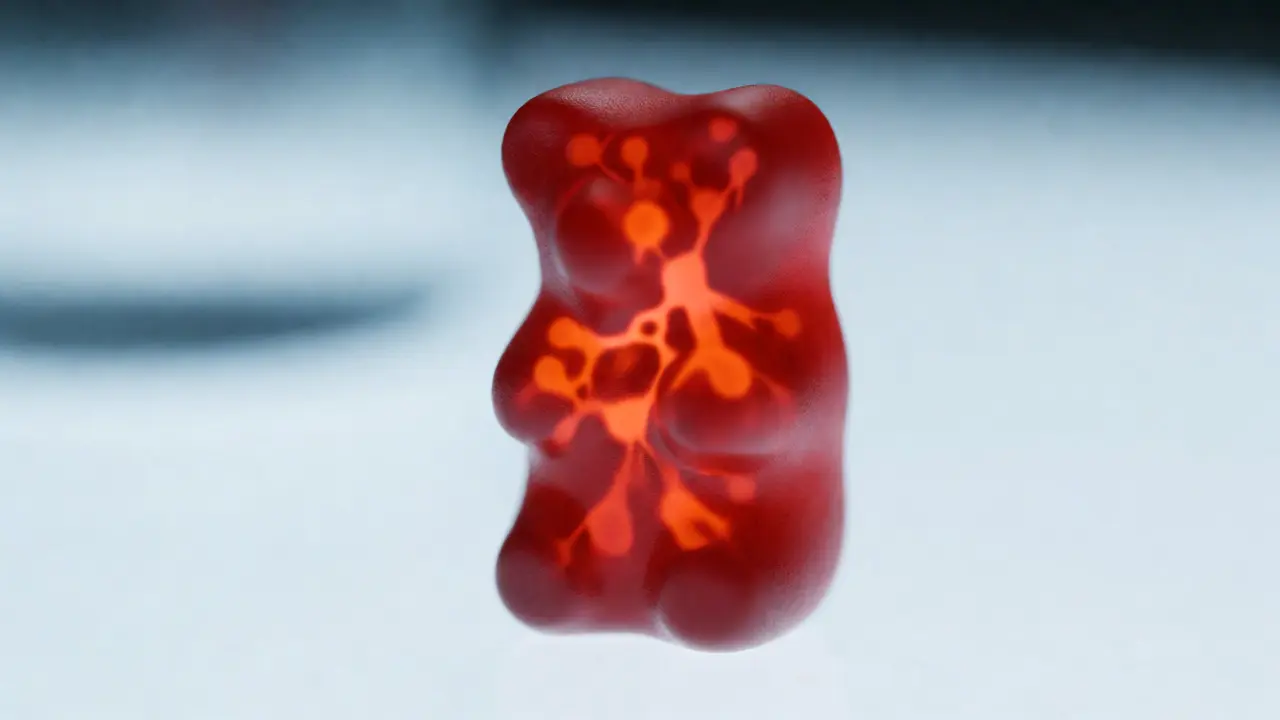 Makro záběr na rozkrojený gummy bear s molekulární strukturou uvnitř