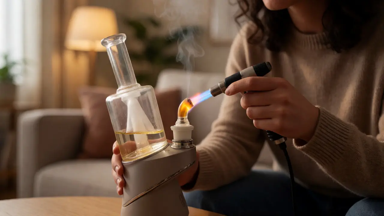 Osoba používající dab rig k vapingu CBD koncentátu s viditelnou párou