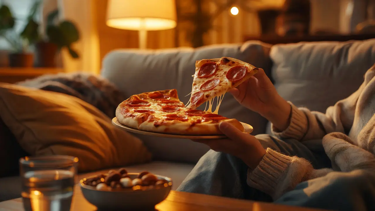 Osoba relaxující na gauči s pizzou a zdravými občerstveními