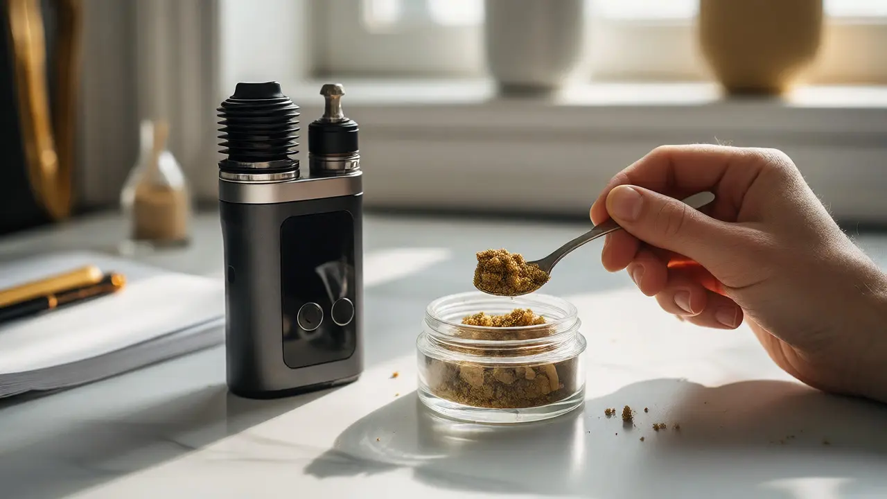 Ruční nabírání suchého CBD crumble lžičkou vedle moderního vaporizéru