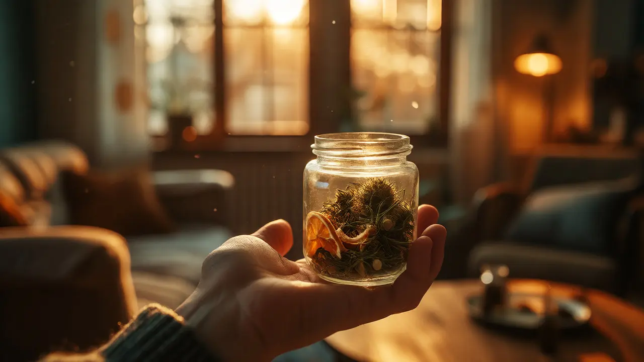 Ruka držící sklenici s přírodními botanickými prvky v teplém osvětlení