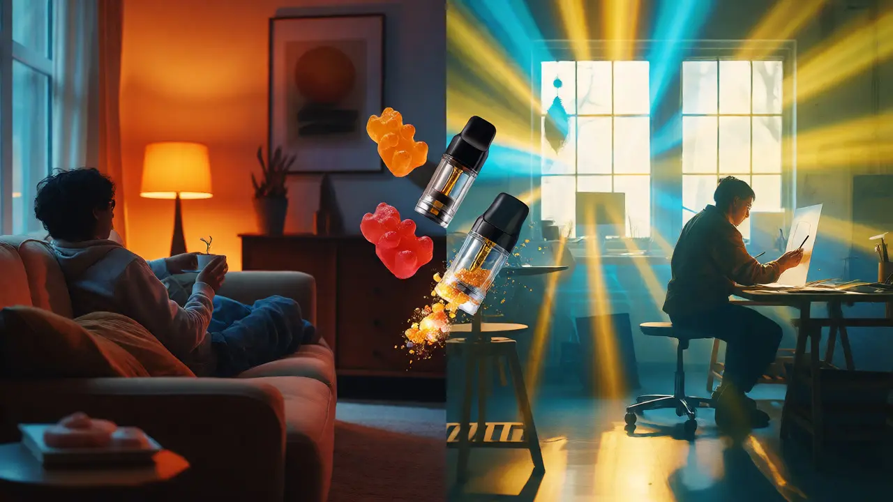 Split image showing relaxation at home versus creative energy in a studio.