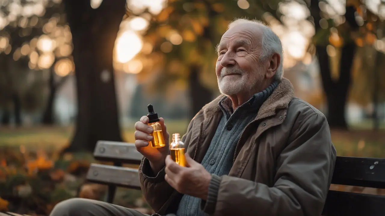 Starší muž v klidu užívá CBD olej ve večerním parku