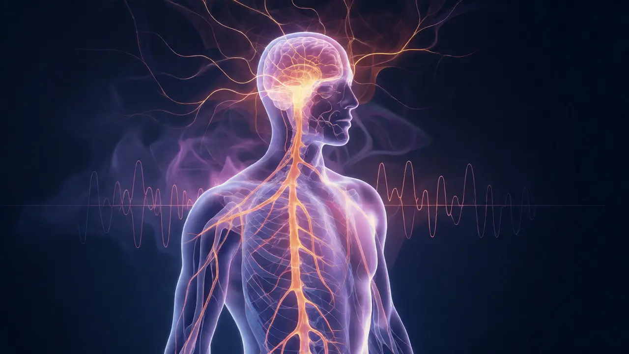 Svítící silueta člověka s aktivními neurony a pulzujícími žilami