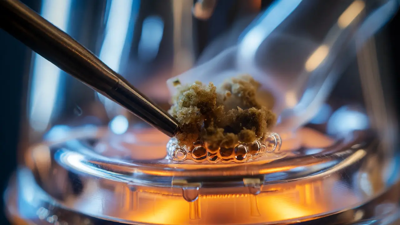 Vaporizace křehkého CBD crumble na zahřátém hrotu dab rig s výparem