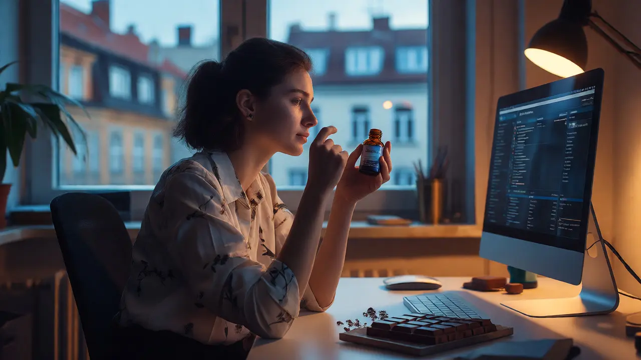 Žena v kanceláři drží CBD olej a nechává stranou čokoládu