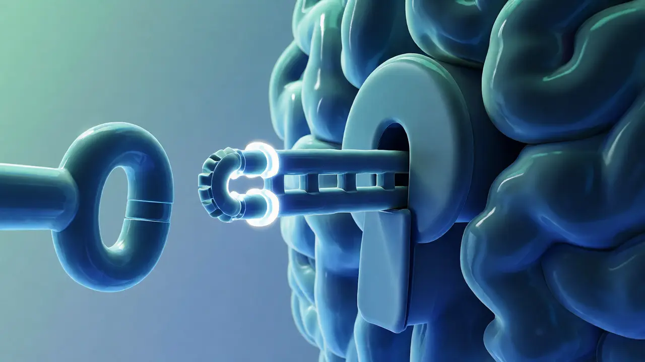 3D vizualizace molekulárních klíčů zapadajících do receptoru s různou hloubkou