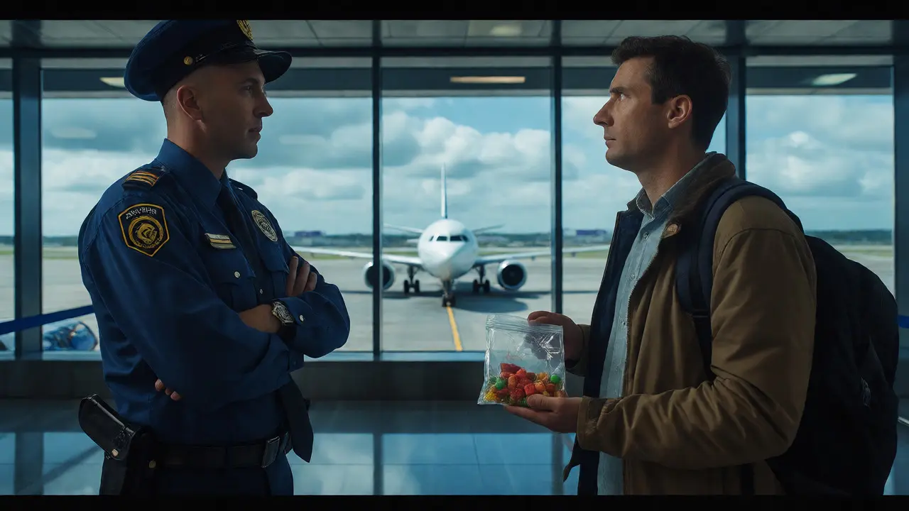 Celní úředník kontroluje cestujícího s jedlými produkty po mezinárodním letu.