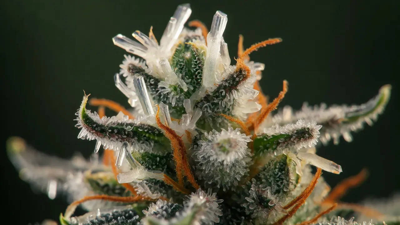 Detailní makro snímek květů konopí pokrytých mléčnými krystalickými trichomy