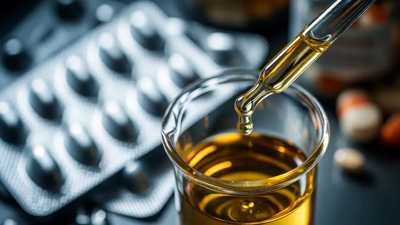 Kapátko nad zkumavkou se zlatým CBD olejem v laboratorním prostředí.