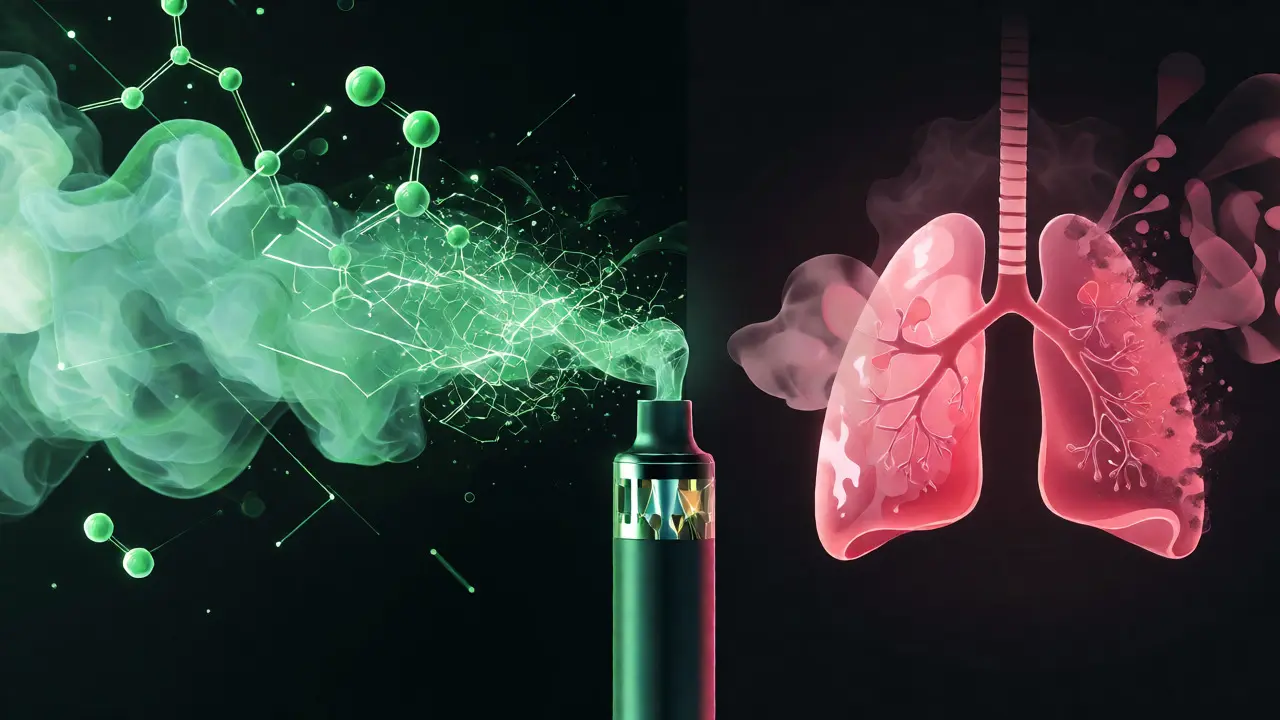 Konceptuální ilustrace chemické degradace páry ve srovnání se zdravými plícemi