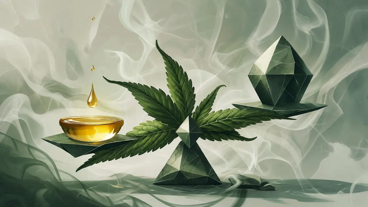 Konceptuální ilustrace vah vyvažujících bezpečnost a rizika užívání kanabinoidů