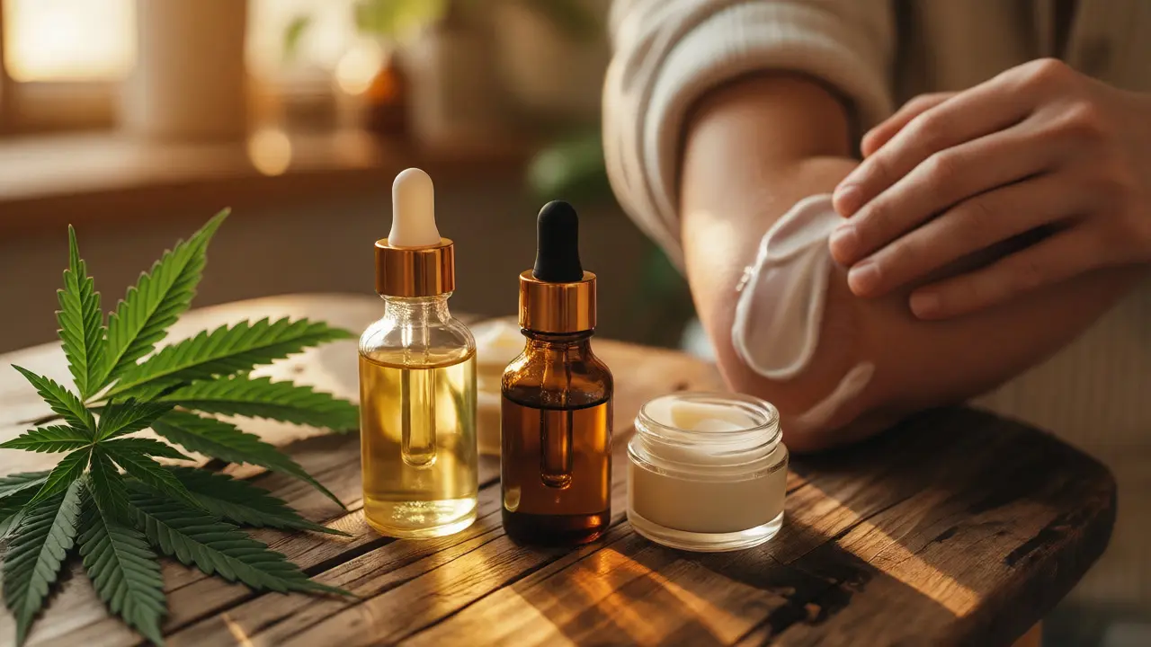 Lahvičky s oleji CBD a CBG na dřevěném stole spolu s aplikací krému na loket