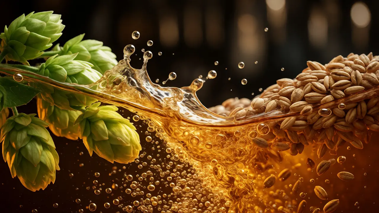 Makro záběr piva se spláchnutím chmele a ječmene ilustrující vysoký obsah alkoholu.