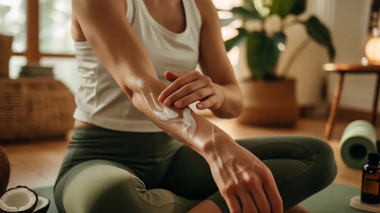 Osoba aplikuje CBD lotion na předloktí po cvičení