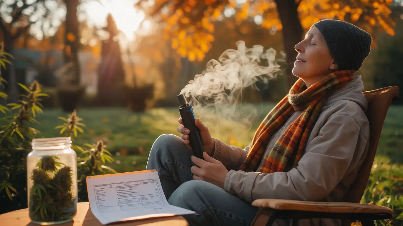 Person using a vaporizer in an autumn garden with hemp flowers nearby.