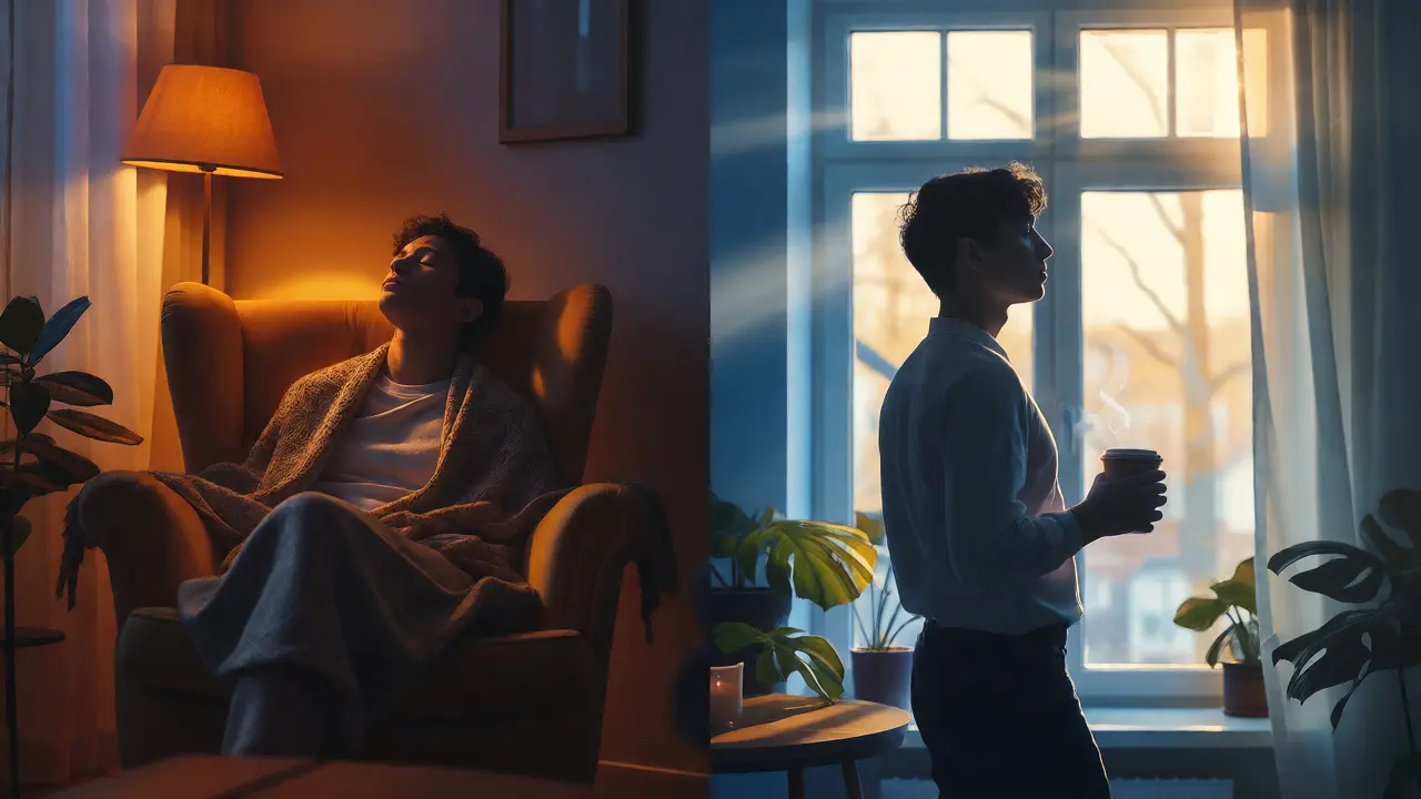 Rozdělený obraz ukazující relaxaci večer (Delta-8) a energii ráno (Delta-10)