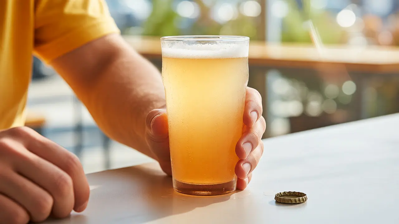 Sklenice světlé zakalené NEIPA vypadající jako džus v ruce návštěvníka hospody.