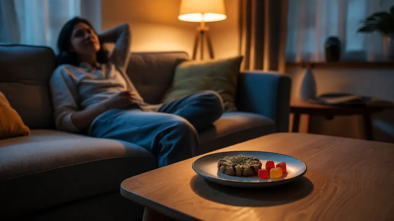 Uvolněná osoba u filmu s talířem sušenek a gummies